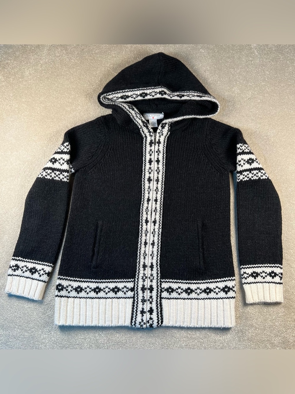 Casual Sweater Alpaca Wool Black Cream Hooded Zip Up Real Clothes Women's Small